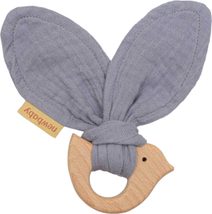 NEW BABY DŘEVO Kousátko ptáček šedé s mušelínem pro miminko