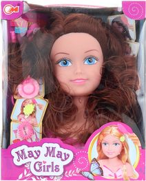 Česací hlava brunetka set s nůžkami a kadeřnickými doplňky plast