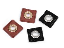 Průchodka s broušenými kamínky s koženkovým čtverečkem k našití, průvlek 8 mm 4 ks