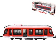 Tramvaj červená kovová MHD Městská hromadná doprava zpětný chod