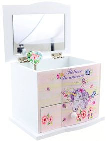 DŘEVO Šperkovnice jednorožec s melodií na natažení se zrcátkem