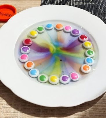 Duha s lentilkami na talíři