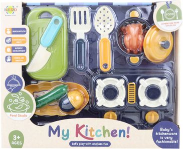 Sada dětské plastové nádobí s vařičem a maketami potravin v krabici