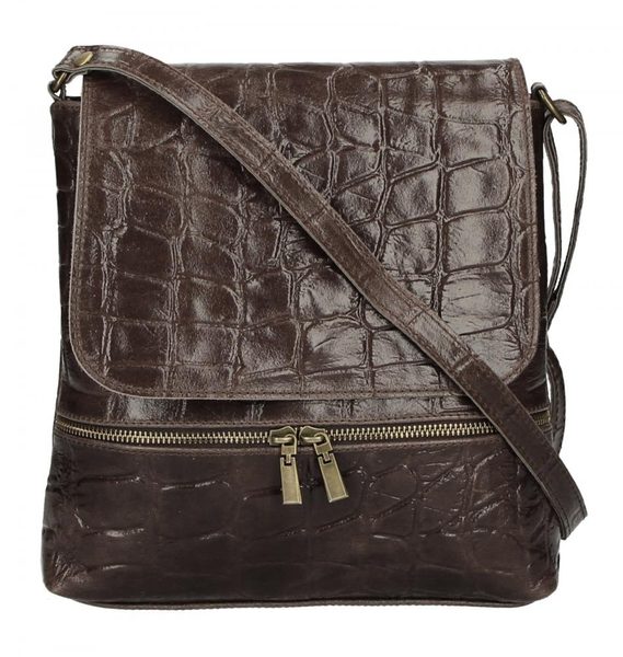 Kožená dámská crossbody kabelka v kroko designu tmavě hnědá