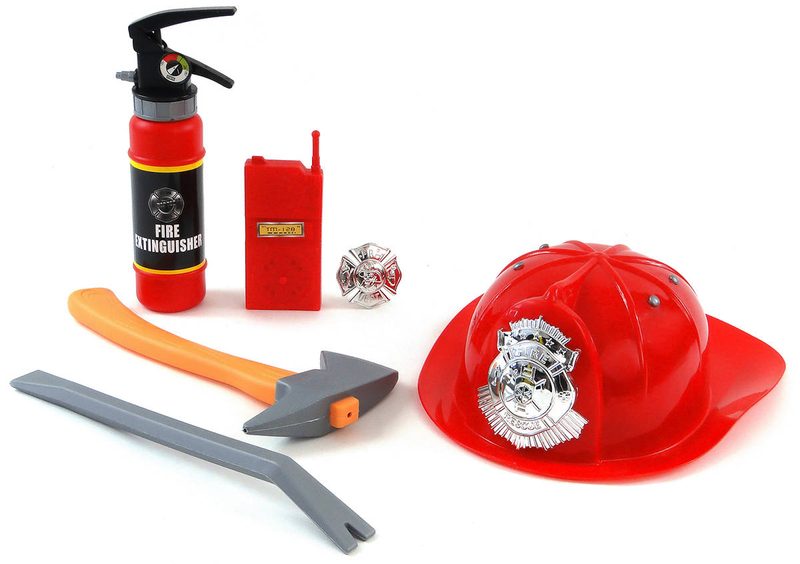 Hasičský dětský herní set hasicí přístroj s helmou a doplňky stříká vodu