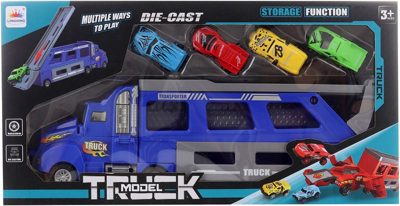 Kamion auto s vystřelovací dráhou herní set se 4 autíčky kov