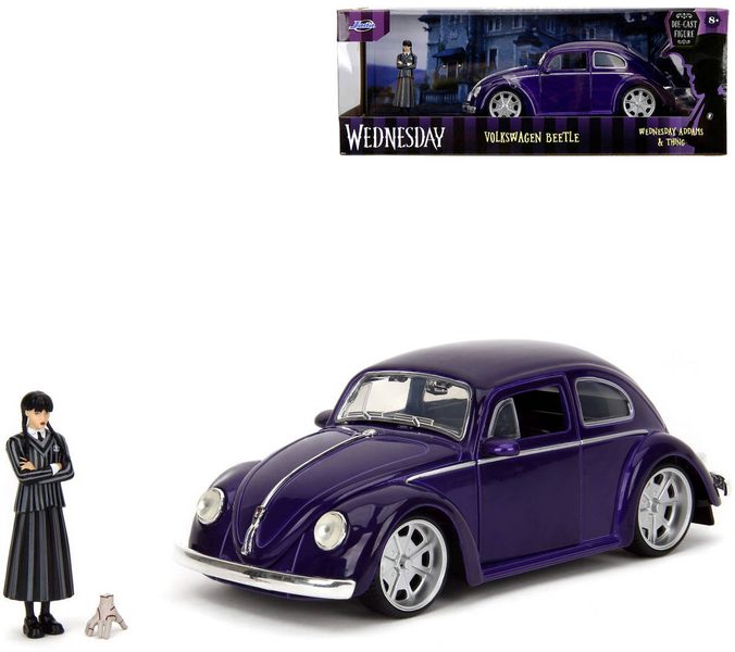 Jada VW Beetle 1972 (volný chod, kov) + figurka Wednesday