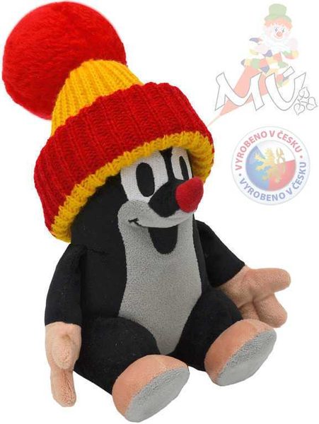 Krtek (krteček) sedící s červeným kulichem