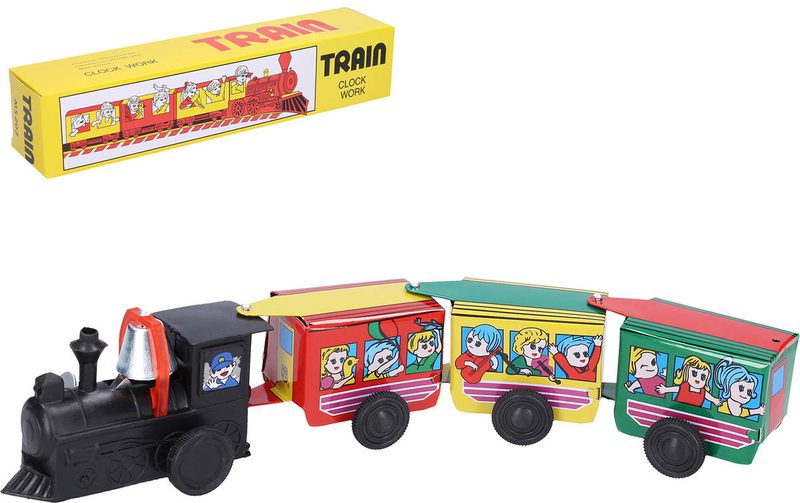 Vlak kovový 28cm natahovací na klíček mašinka + 3 vagony v krabici