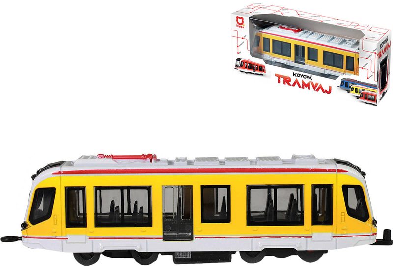 Tramvaj žlutá kovová MHD Městská hromadná doprava zpětný chod