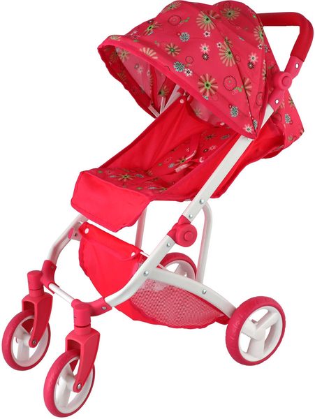 Sportovní kočárek pro panenku 58×35×70 cm růžový (kvítky, stříška)