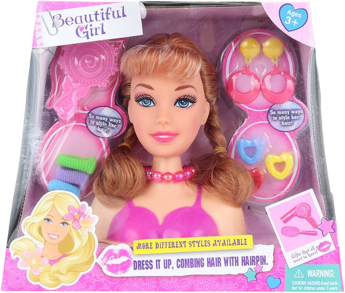 Česací hlava blondýnka dětský kadeřnický set s hřebenem a doplňky