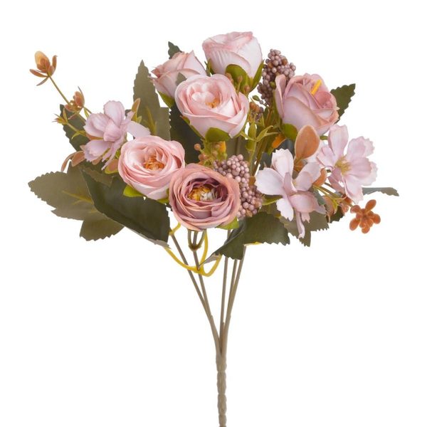 Kytice růžiček s listy - růžová - růžová vintage