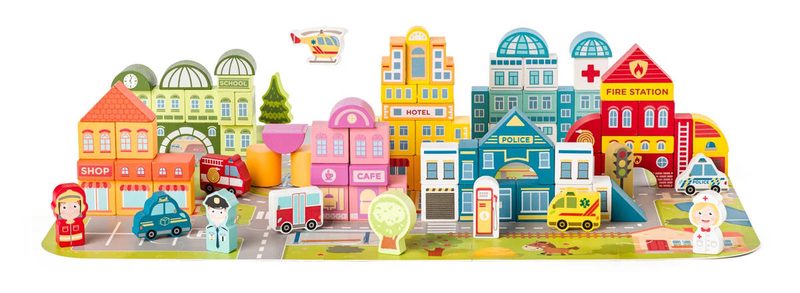 WOODY Stavebnice kostky ze dřeva Město v kyblíku, 115 ks