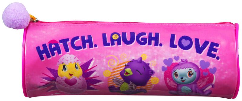Oválný školní penál na zip Hatchimals 21x8cm růžový s bambulkou