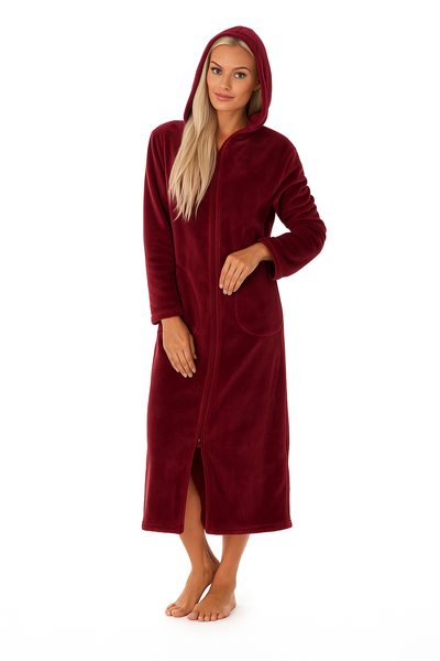 Župan na zip dlouhý Siena vínová – dámský hřejivý župan s kapucí 36 56 3651