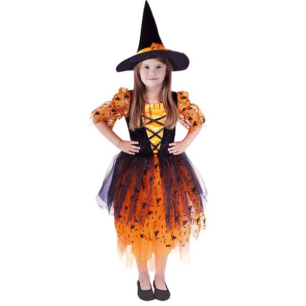 Dětský kostým oranžová čarodějnice/Halloween  s kloboukem (M) e-obal