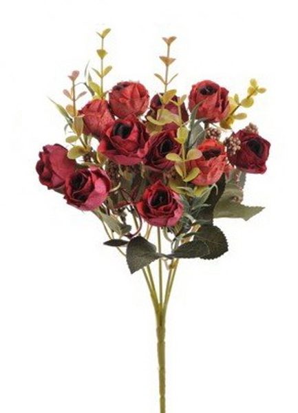 Umělá kytice růže s listy červená 25 cm