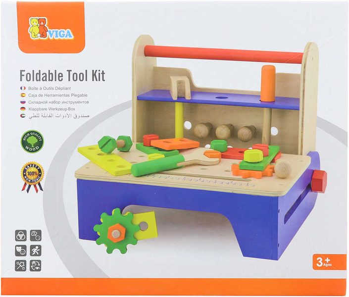 Dřevěný dětský ponk s nářadím (šroubovací, v přepravce)