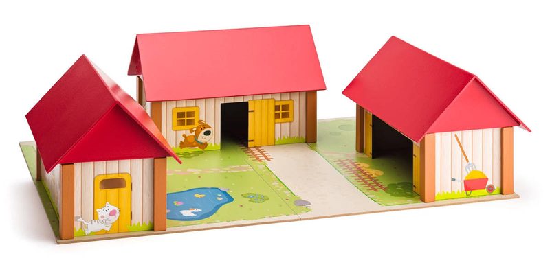 WOODY Statek se třemi budovami a podložkou dřevěný