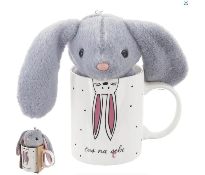Hrnek porcelánový + plyšový zajíček 0,39 l O0322 - dia 8 x 9,5 cm