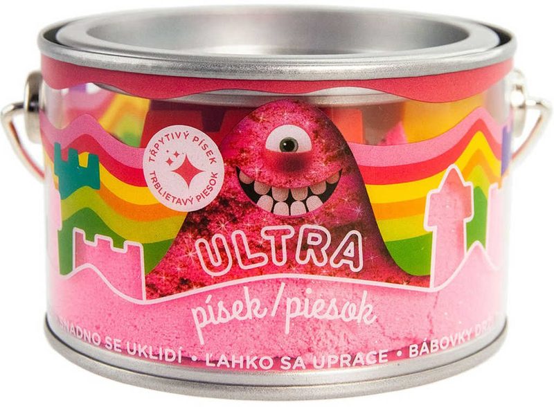 Ultra písek kinetický magický 200g růžový s glitry s formičkami v plechovce
