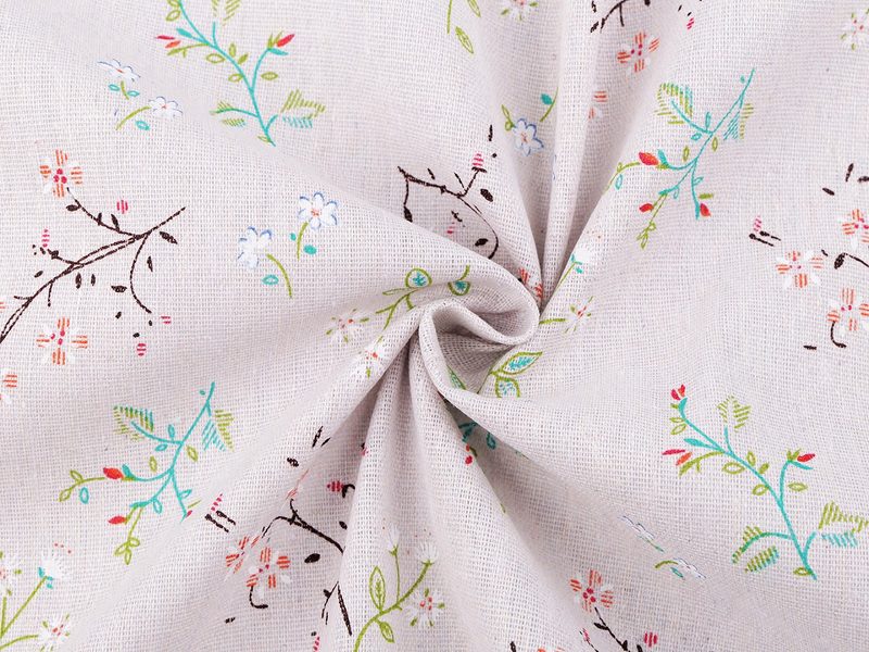 Bavlněná metráž / imitace lnu hrubší květy / větvičky METRÁŽ