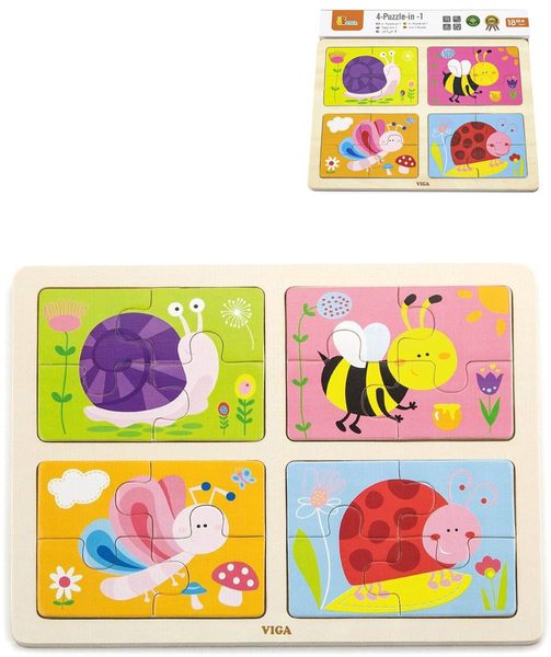 VIGA DŘEVO Puzzle na desce 4v1 hmyz baby skládačka 16 dílků