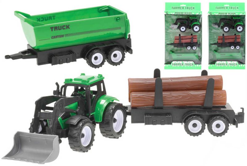 Traktor s přední lžící 17cm na setrvačník set se 2 přívěsy 3 druhy plast
