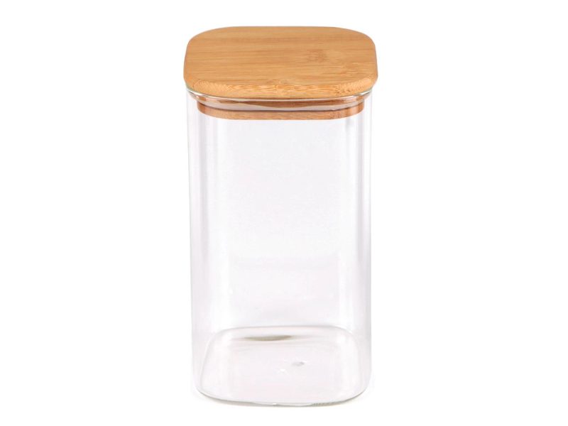Skleněná dóza s bambusovým víkem, hranatá