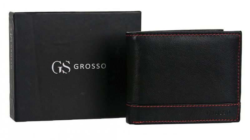 Kožená černá pánská peněženka s červenou nití v krabičce GROSSO
