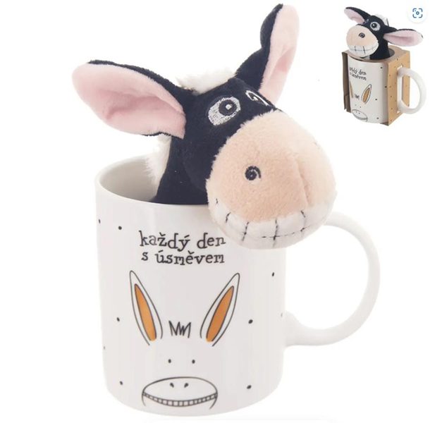 Hrnek porcelánový + plyšový oslík 0,39 l O0319 - dia 8 x 9,5 cm