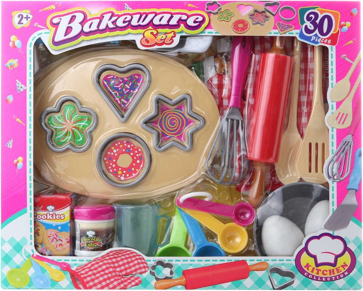 Sada na pečení dětské nádobí s potravinami a doplňky set 30ks v krabici plast