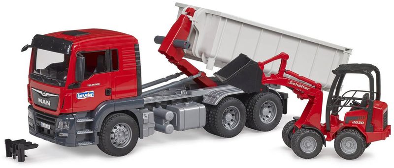 BRUDER 03767 Auto MAN TGS LKW s kontejnerem + nakladač Schäffer model 1:16