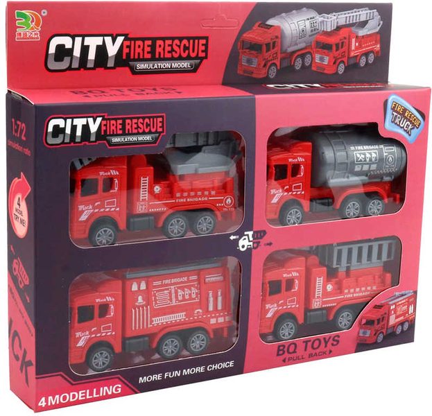 Auto hasiči 13cm zpětný chod hasičské vozidlo set 4ks v krabici plast