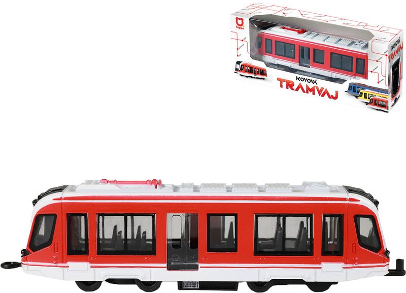 Tramvaj červená kovová MHD Městská hromadná doprava zpětný chod