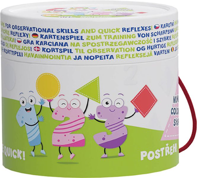 JIRI MODELS Hra karetní Postřeh! Čísla, barvy, tvary v kulaté krabičce