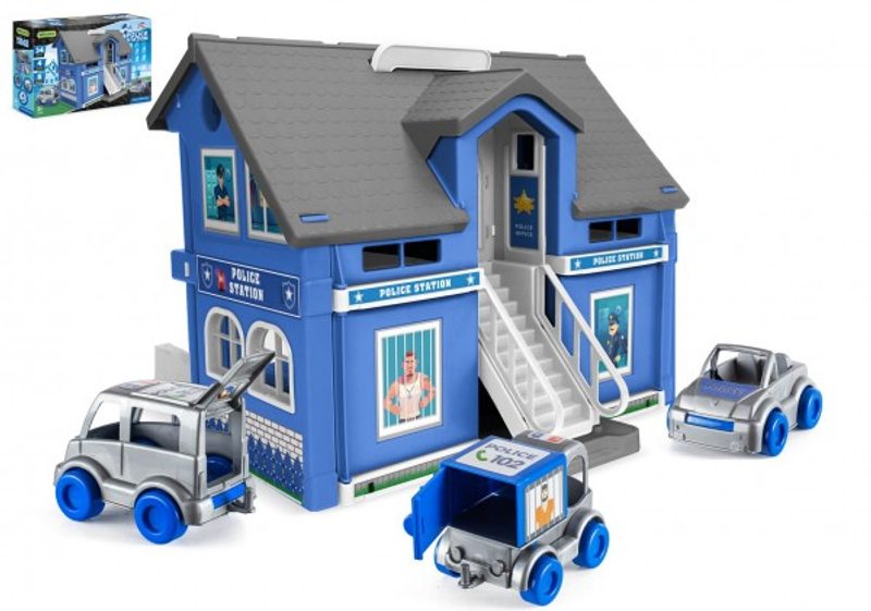 Play House - Policejní stanice plast + 3ks auta + 1ks helikoptéra v krabici 59x39x15cm