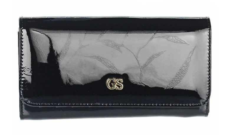 GROSSO Kožená dámská lakovaná peněženka s ptačími pírky RFID černá v dárkové krabičce