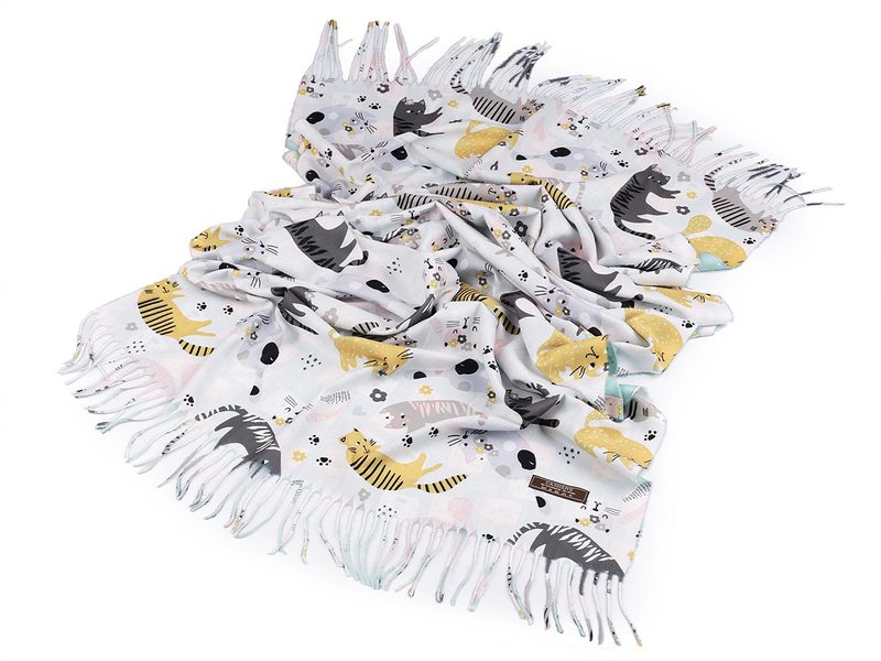 Šátek / šála s třásněmi oboustranná kočky 70x185 cm