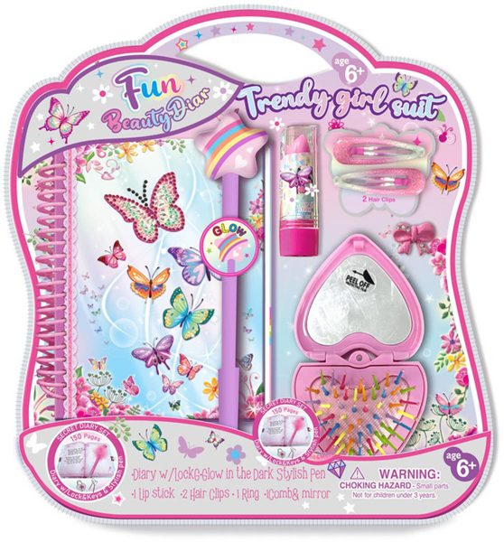 Deníková sada s ve tmě svítící tužkou a skládacím hřebínkem s doplňky