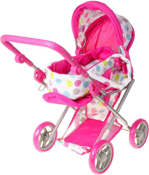 Kočárek pro panenku 2v1 hluboký růžovo-bílý (puntíky)
