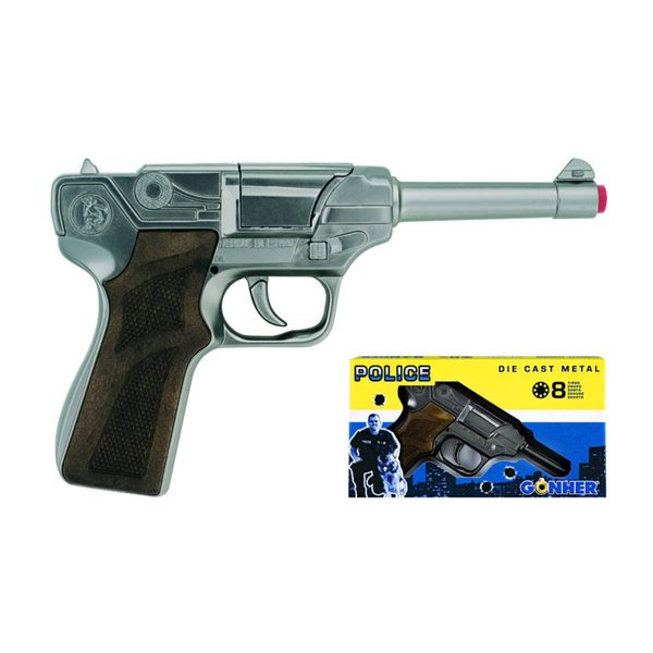 Pistole policejní stříbrná kovová na kapsle 8 ran