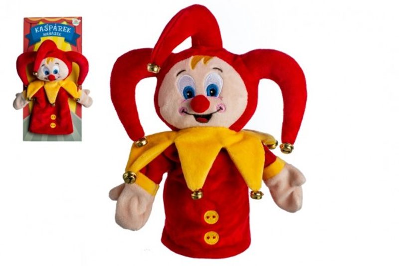 Kašpárek maňásek na ruku plyšový 28 cm s rolničkami