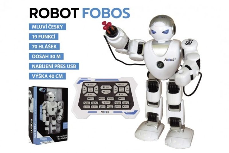 Robot RC FOBOS plast interaktivní chodící 40cm česky mluvící na baterie s USB