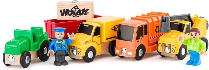 WOODY DŘEVO Užitkové vozy set 4 autíčka se 2 figurkami doplněk k vláčkodráze