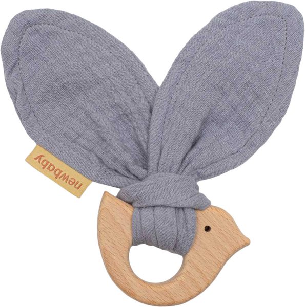 NEW BABY DŘEVO Kousátko ptáček šedé s mušelínem pro miminko