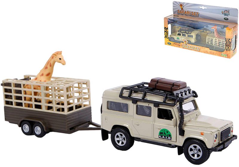 Auto kovové Land Rover Defender zpětný chod Safari set s přívěsem a žirafou