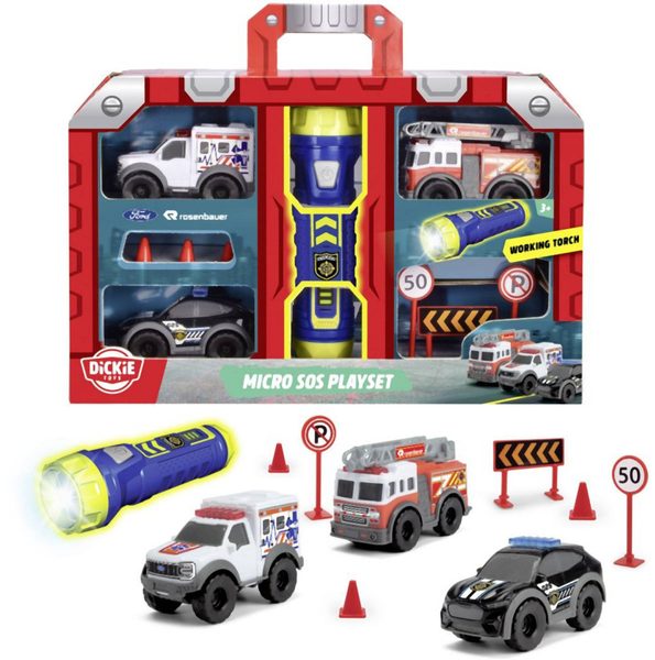 DICKIE Mikro záchranářská vozidla 3ks s baterkou a doplňky na baterie Světlo