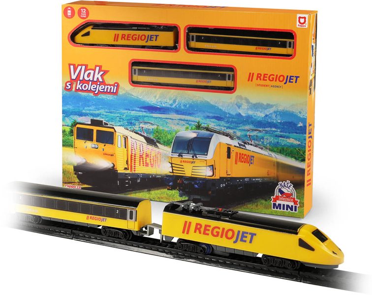 Vlak s kolejemi Mini RegioJet Naše železnice lokomotiva + 2 vagony na baterie